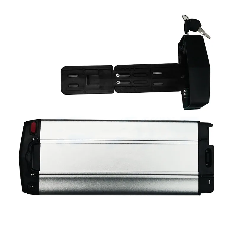 Electric bike battery with mounting bracket and keys.